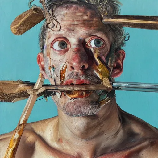 Prompt: high quality high detail painting by lucian freud and jenny saville, hd, crazy man with an axe, turquoise