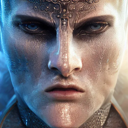 Prompt: hyperrealistic portrait of a beautiful armored male warrior, fantasy, stunning 3d render + perfect facial symmetry + dim volumetric lighting, 8k octane beautifully detailed render, post-processing, extremely hyperdetailed, intricate, epic composition, grim yet sparkling atmosphere, cinematic lighting + masterpiece, trending on artstation