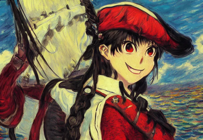 Image similar to wide angle close - up painting of a female pirate, a thrifty uniform, somewhat of an anime in impressionist style, trending artwork, illustrated in anime painter studio, by claude monet and an anime artist, collaboration