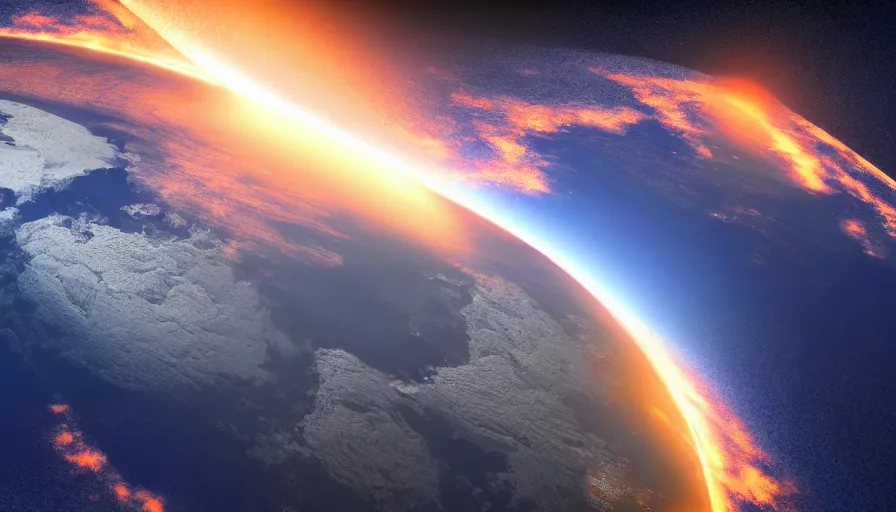 Image similar to seismic shockwave in atmosphere from space, photorealistic rendering, 4 k, dynamic lighting, directional light