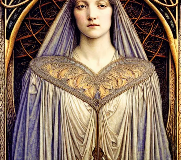 Image similar to detailed realistic beautiful young medieval queen face portrait by jean delville, gustave dore and marco mazzoni, art nouveau, symbolist, visionary, gothic, pre - raphaelite. horizontal symmetry