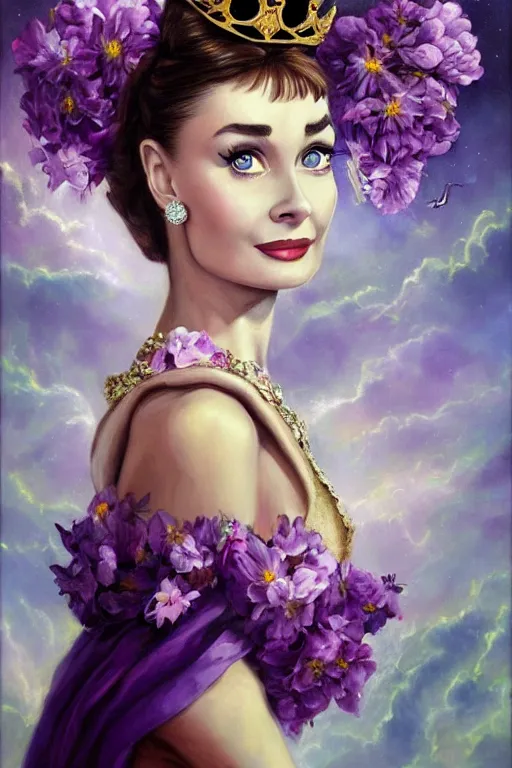 Image similar to closeup portrait fine art photo of the beauty audrey hepburn, perfect eyes, she has a crown of stunning flowers and dress of purple and gold satin and gemstones, background full of stormy clouds, by peter mohrbacher