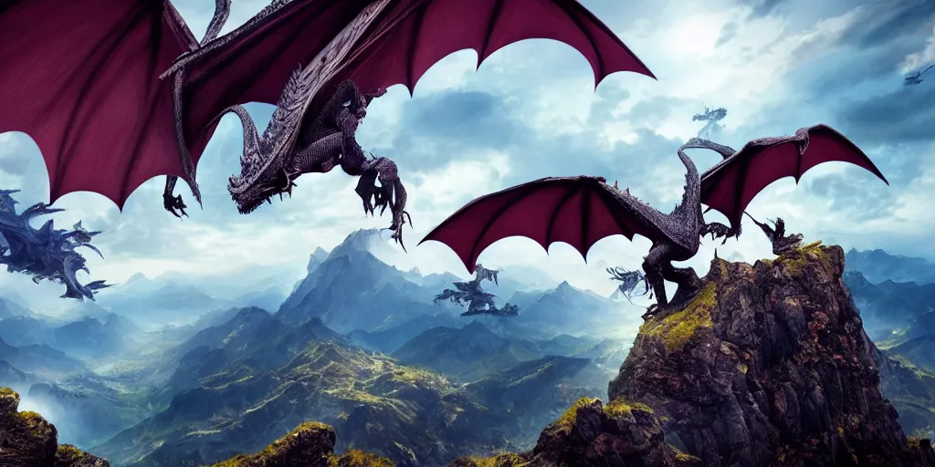 Image similar to One dragon with half open wings on the top of a mountain, epic composition, detailed and intricate image, cinematic, 4K