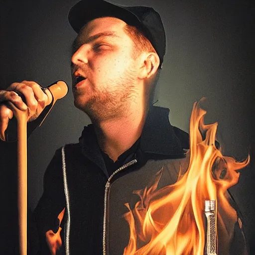 Prompt: beautiful portrait of rapper kool savas burning up a mic, by annie liebowitz, photorealistic, hyperrealism