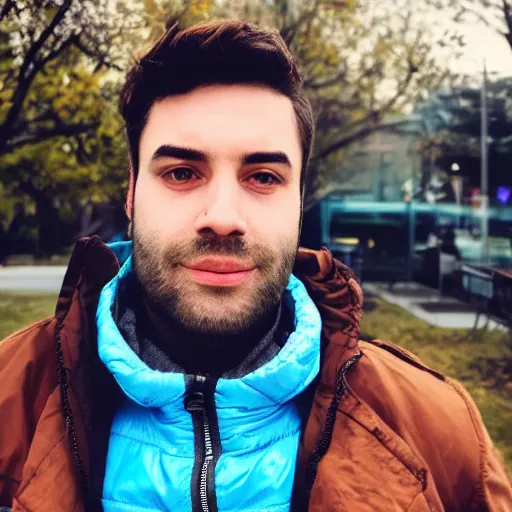 Prompt: Man young short facial hair brown hair wearing blue jacket leaves background selfie