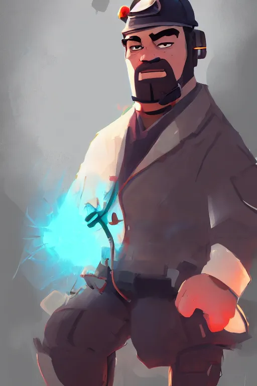 Image similar to beautiful character portrait team fortress 2 engineer character art by ismail inceoglu