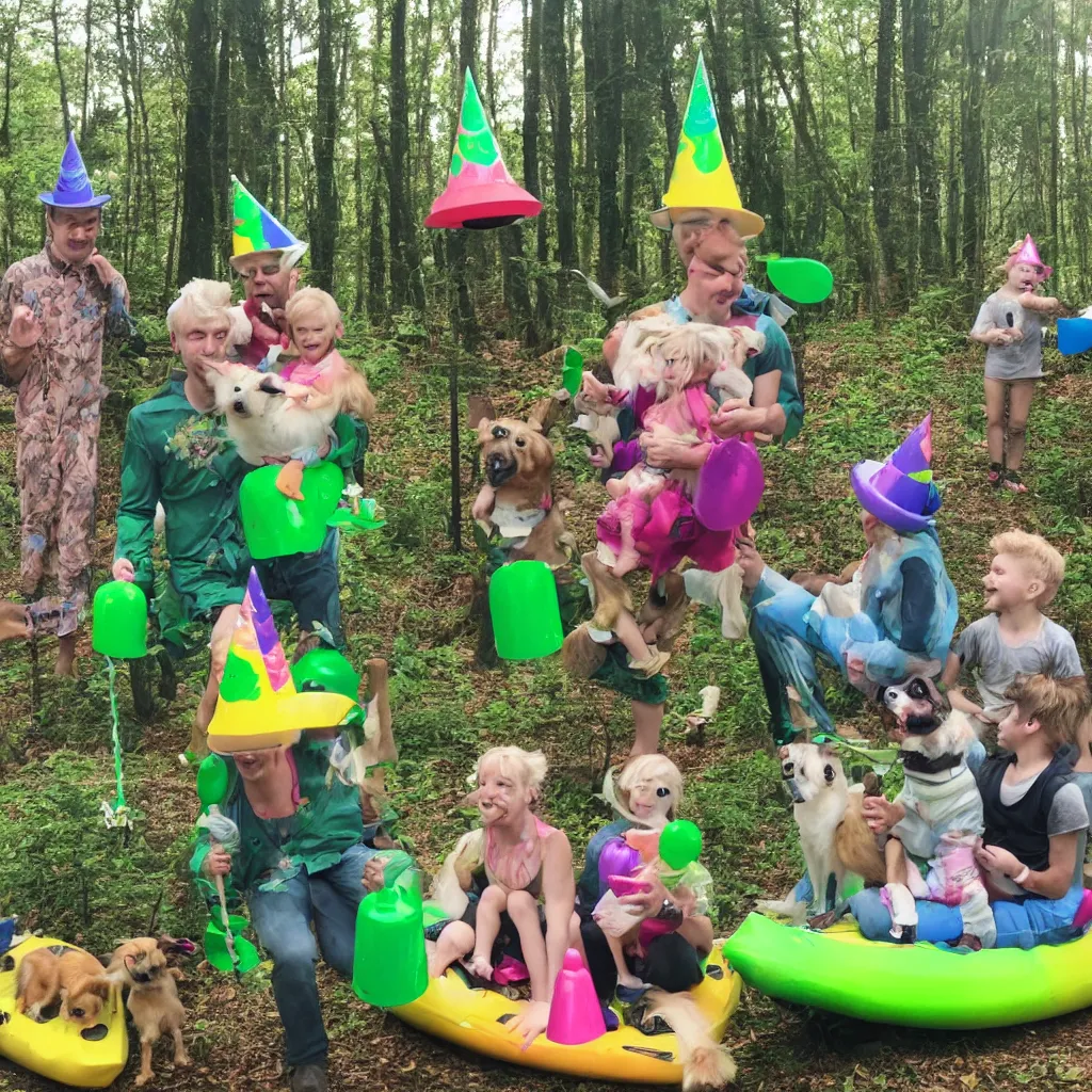 Prompt: blonde thirty years old guy and one dog and green aliens with birthday hats, celebrating a birthday party in a forest, with chocolate cakes, unicorns and kayaks, with a lighthouse in the background