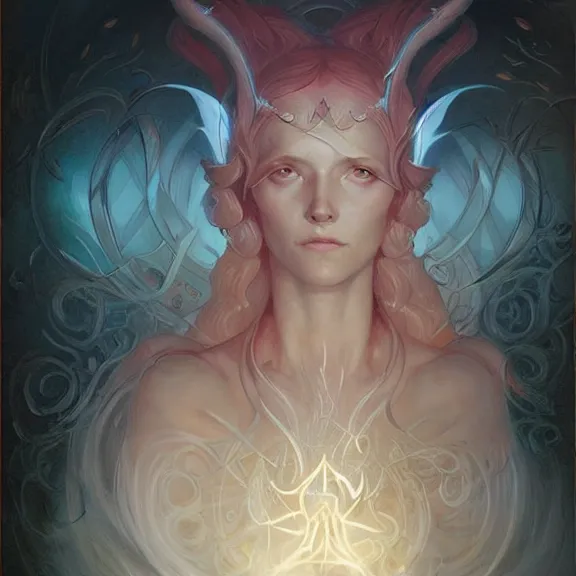 Prompt: a highly detailed beautiful portrait in the style of peter mohrbacher and in the style of jean delville. glowing runes of magical power.