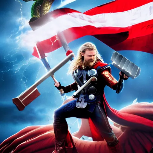 Prompt: a photo of thor with the hammer riding an epic dragon while holding the american flag and an electric guitar, ultrarealistic, 4 k, raytracing