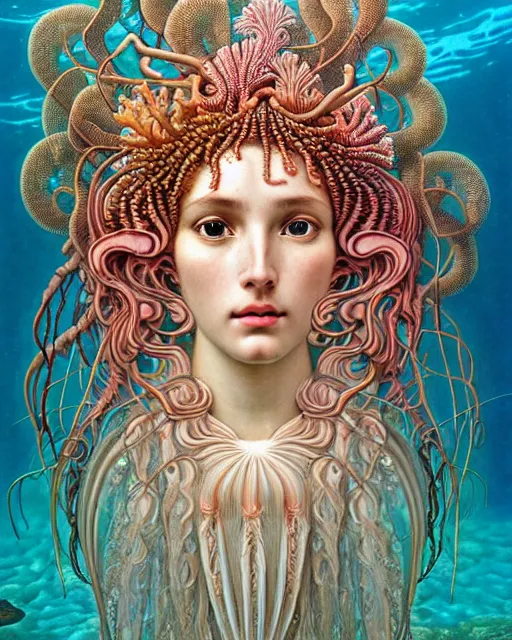 Image similar to hyperrealistic detailed underwater face portrait of the beautiful goddess of the jellyfish with an intricate headgear of corals, sea kelp, sea plants, fish, starfish, jellyfish, art by ernst haeckel, john william godward, android jones, alphonso mucha, gothic - cyberpunk, ornamental, beautiful deep colours,