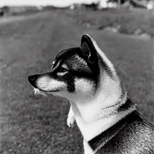Image similar to Photo of a Shiba Inu in the style of Dorothea Lange