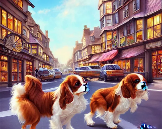 Image similar to bustling city street, many cavalier king charles spaniel dogs, dogs everywhere, quaint market town, art by artgerm