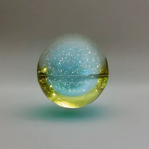 Prompt: glass orb, flecks of glittering gold and aquamarine suspended inside, reflecting light