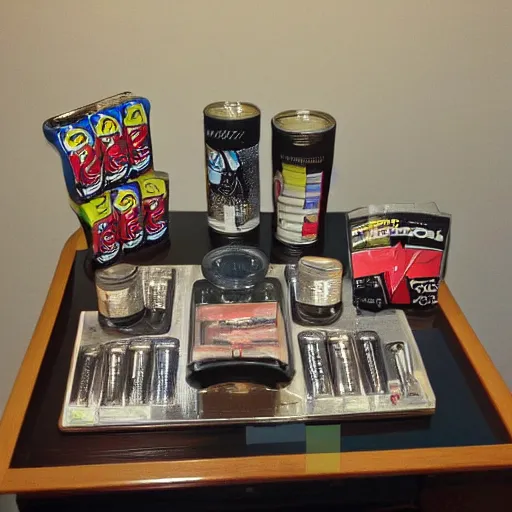 Prompt: a table full of energy drinks ash trays cigarette buds and cd's in a smokey room