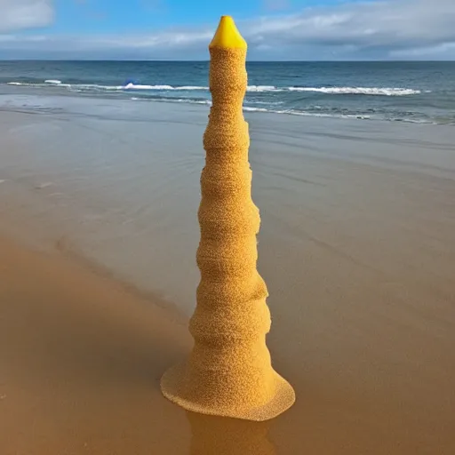 Image similar to a tower of sand on the beach that's taller than the people around it