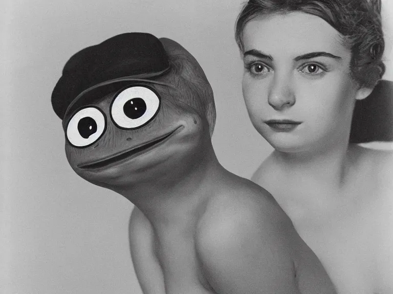 Image similar to portrait of Pepe the frog by Cecil Beaton, glamorous Hollywood style lighting, black and white, photorealistic