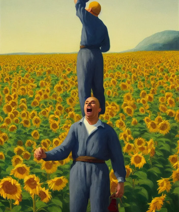 Image similar to a portrait painting of a man in an oranger prisoner overall, standing in beautiful sunflower field, screaming and sad, highly detailed, aesthetic stars in the sky, in the style of edward hopper, very fine brush strokes, 4 k,