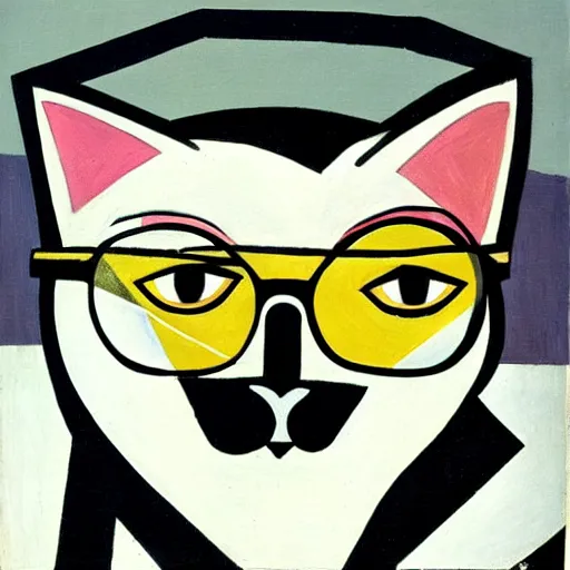 Prompt: a cubist painting of a cat with glasses