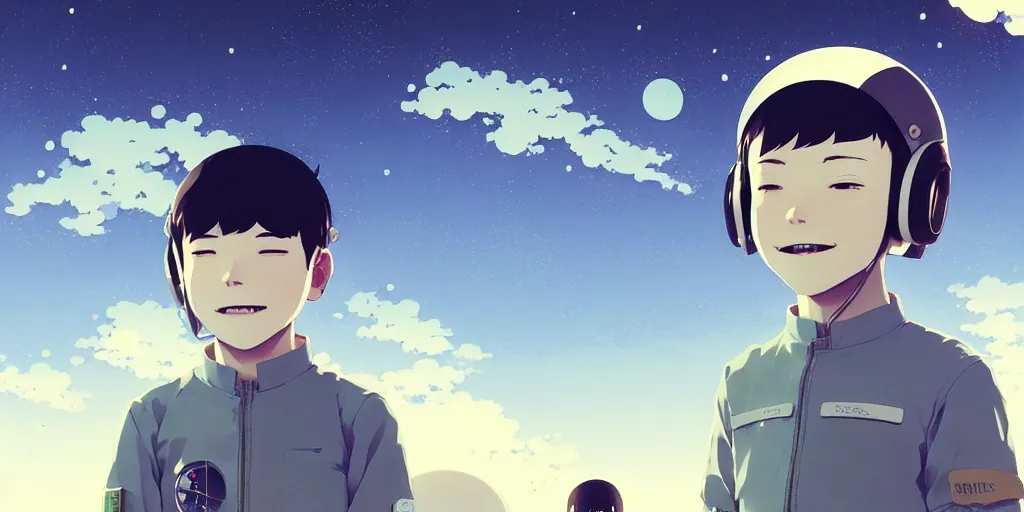 Image similar to portrait of a smiling boy with astronaut helmets by ilya kuvshinov, cloudy sky background lush landscape ln illustration concept art anime key visual trending pixiv by victo ngai fanbox by greg rutkowski makoto shinkai takashi takeuchi studio ghibli