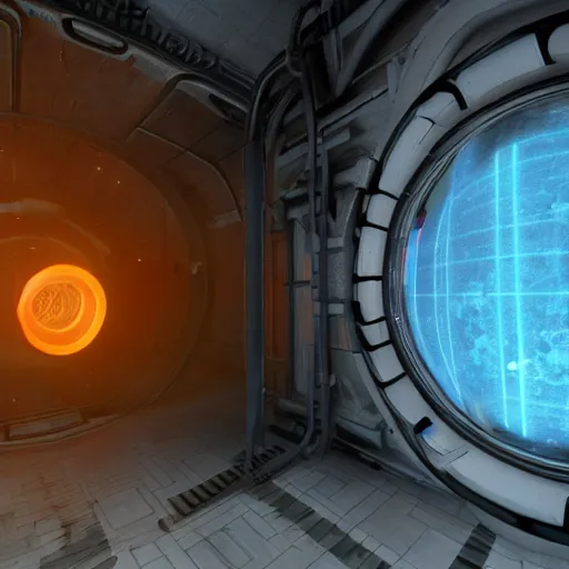 Image similar to wheatley portal 2, blender, render, 4 k, high res, unreal engine, raytracing, light simulation