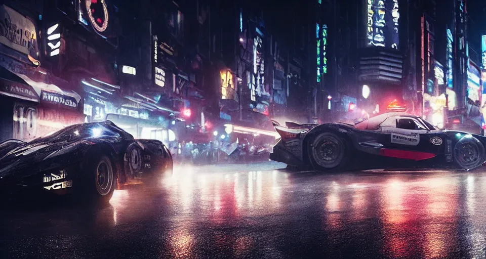 Image similar to close up macro shot of a racing car on wet city street at night, intricate, hyper detailed, smooth, high contrast, neon, volumetric lighting, octane, moebius, greg rutkowski, blade runner, ripley scott, cindmatic