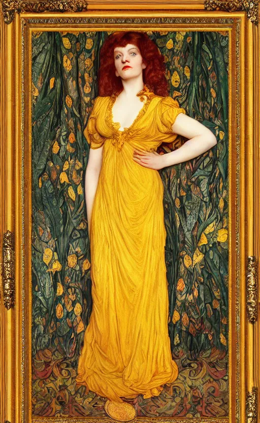 Prompt: preraphaelite full body portrait photography masterpiece hybrid of judy garland and florence welch, reclining, brown hair fringe, yellow ochre ornate medieval dress, kilian eng and william holman hunt, frederic leighton, ford madox brown, william morris, framed 4 k
