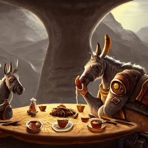 Image similar to zoom out, ultrarealistic, ultradetailed, war donkey eating breakfast, sitting on a futuristic table with aliens, at the end of the universe, very very very ultradetailed, epic fantasy style art, fantasy epic digital art, epic fantasy art, hearthstone style art