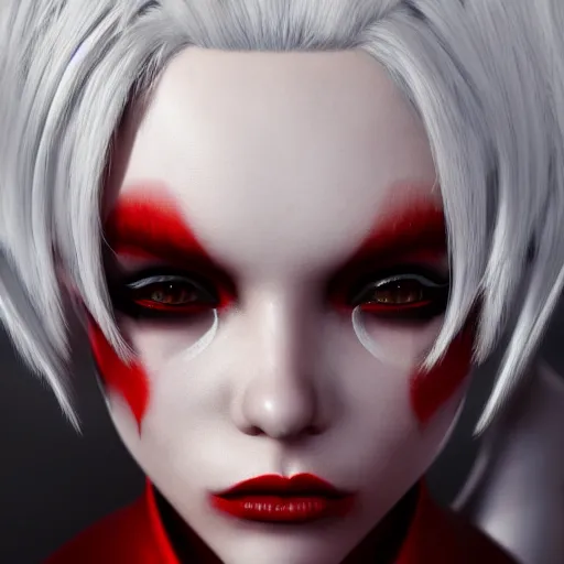 Image similar to a highly detailed portrait of a humanoid demon girl with white hair, red horns, in white clothes, artstation, deviantart, professional, unreal engine 5, photorealistic