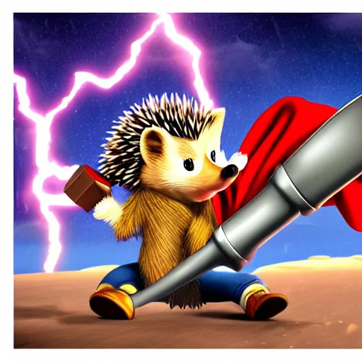 Image similar to the hedgehog thor ~ holding his hammer ~ dramatic thunder background ~ fighting scene ~