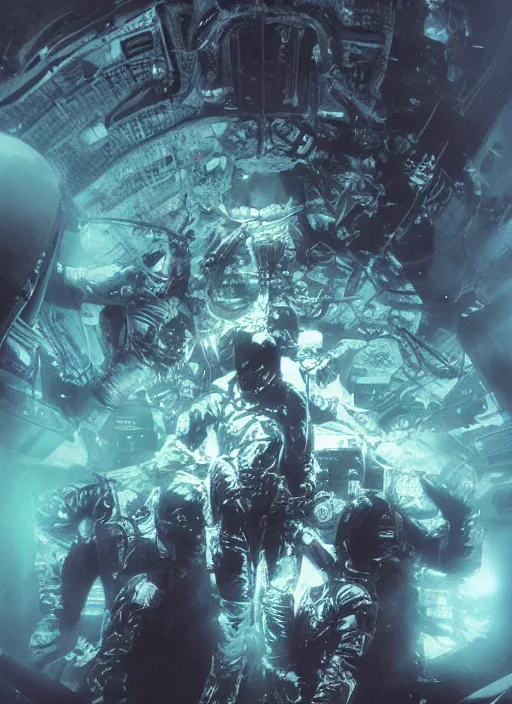 Image similar to astronauts in dark void underwater - complex and hyperdetailed technical suit. reflection and dispersion materials. rays and dispersion of light. volumetric light. f / 3 2. noise film photo. flash photography. ultra realistic, wide angle. poster by wayne barlowe, hajime sorayama aaron horkey, craig mullins