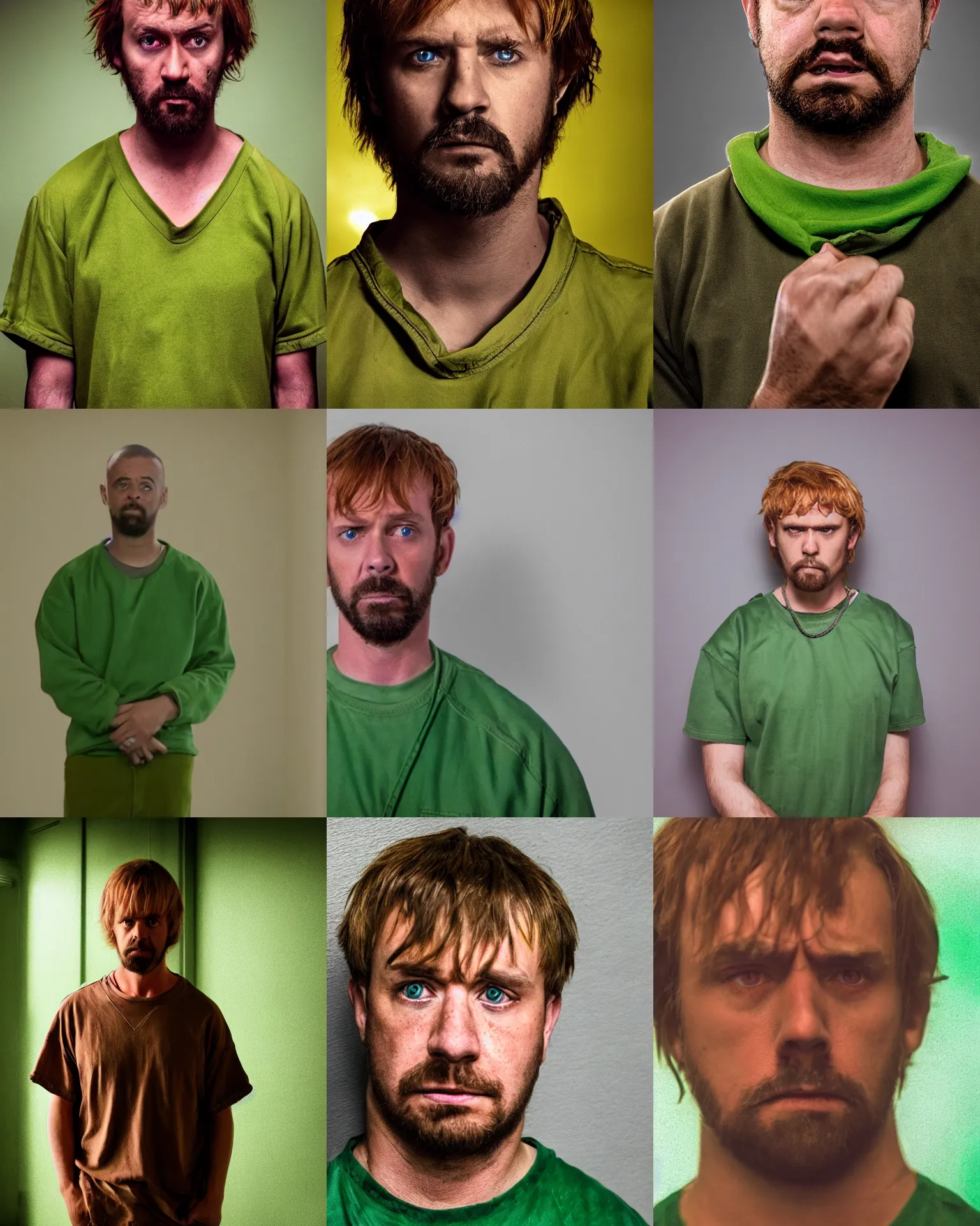 Prompt: prison mugshot of shaggy, dramatic lighting, dirty green clothes, neck shackle, low saturation, somber expression, soft vignette, 4 k, scooby doo screenshot