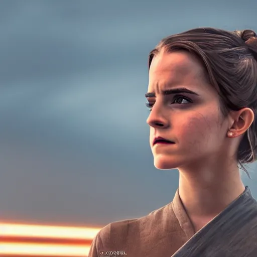 Image similar to Emma Watson in Star Wars, XF IQ4, 150MP, 50mm, f/1.4, ISO 200, 1/160s, natural light, Adobe Photoshop, Adobe Lightroom, DxO Photolab, Corel PaintShop Pro, rule of thirds, symmetrical balance, depth layering, polarizing filter, Sense of Depth, AI enhanced, sharpened, denoised, HDR, clean