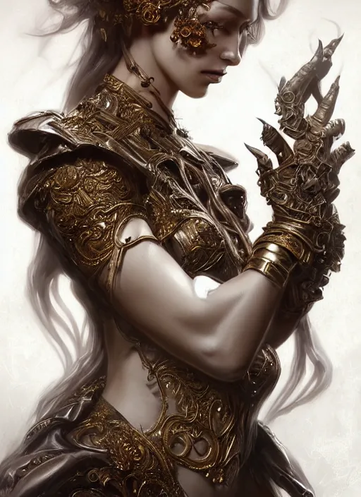 Image similar to a portrait of female in wearable sculpture art, ornate, metal works, intricate details, elegant, highly detailed, digital photography, artstation, glamor pose, concept art, smooth, sharp focus, art by artgerm and greg rutkowski, 3 d character, full body, film, photorealistic, unreal engine