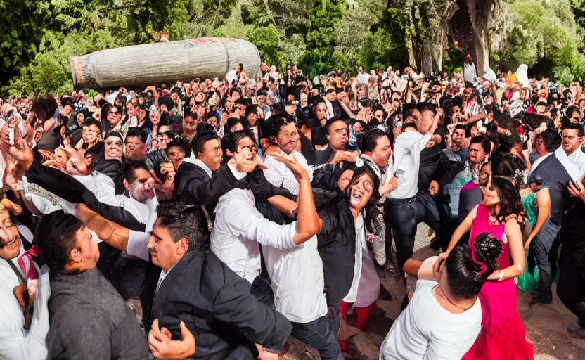 Image similar to a crowd of mexicans dancing around a giant tequila bottle in a wedding,