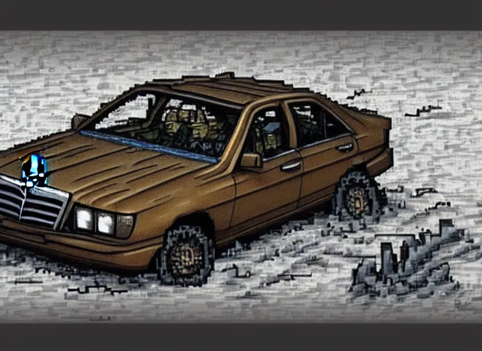 Image similar to burning wrecked mercedes 1 2 4, pixelart by kirokaze, award winning. dramatic. trending on artstation. very low quality, low resolution sync by honeybunny