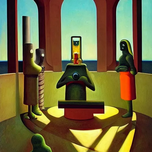 Prompt: three holy robotic seers watchers oracles soothsayers inside a dome, pj crook, grant wood, edward hopper, syd mead, oil on canvas