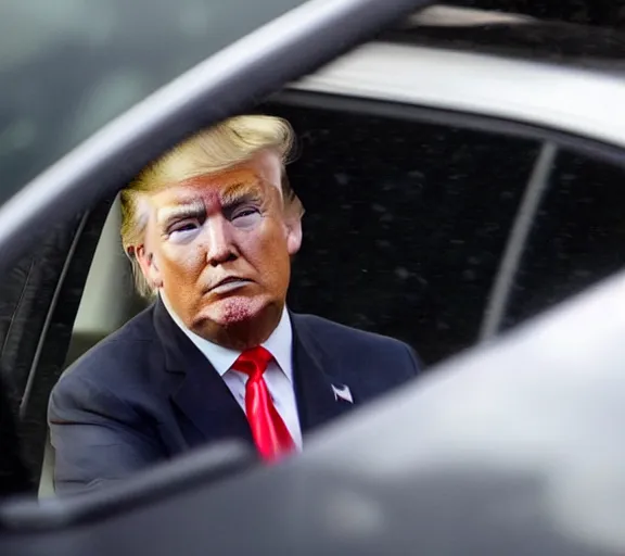 Prompt: highly detailed face shot of donald trump driving white suv, freeway, police cars, ap news photo