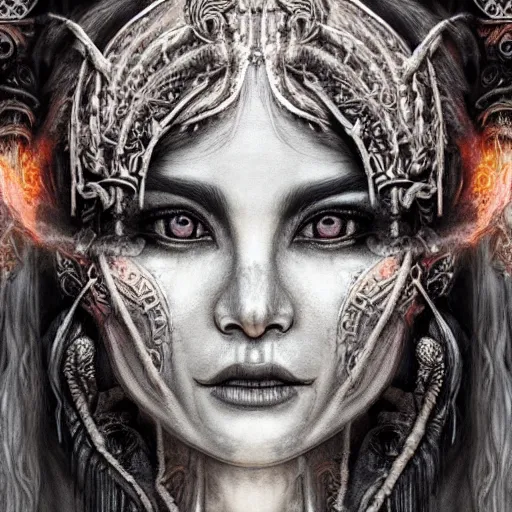 Prompt: Closeup of realistic asian Sumerian Death Goddess chalk skin etched with runic icons + mystical symbols, with small bleached bones covering vest and flowing electricity and smoke , fantasy, intricate, elegant, highly detailed, digital painting, artstation, concept art, matte, sharp focus, illustration, ghostbusters poster, art by Artgerm and peter mordenbacher