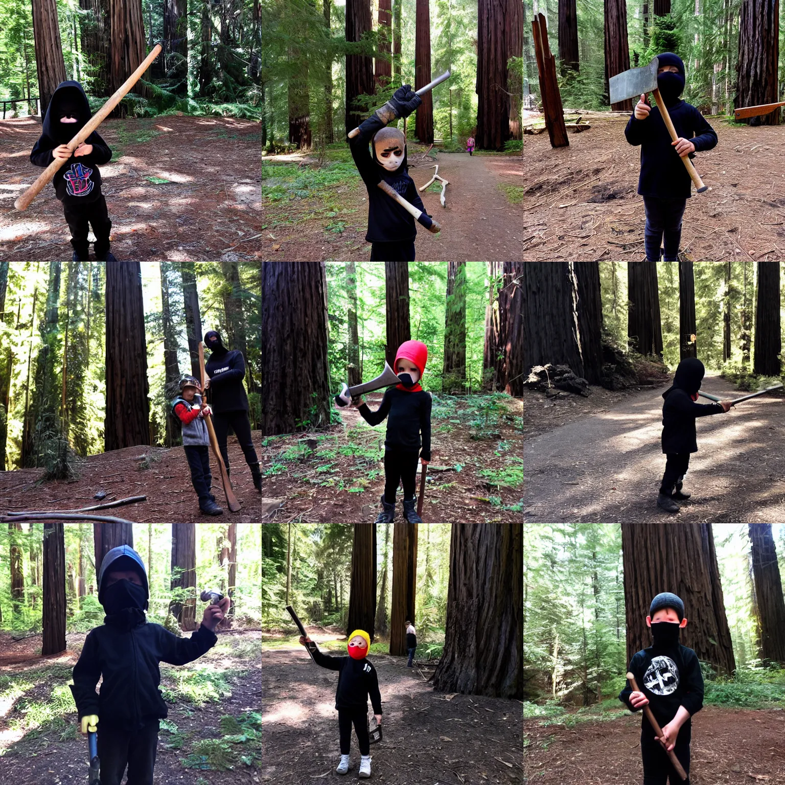 Prompt: child wearing black bloc, holding a hammer in one hand and a sickle in the other, sunny day in the redwoods, photo