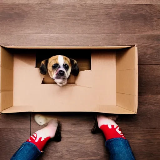 Image similar to an open cardboard box on a wooden floor filled with puppies, top view, dslr photo