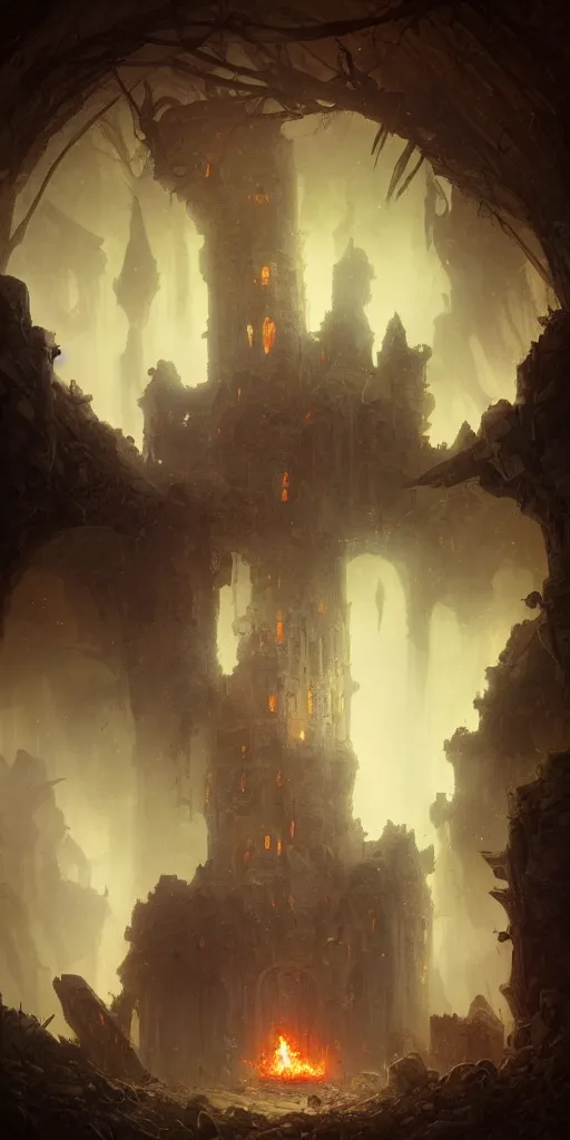 Image similar to Detailed Interior of the Burning Castle Ruins, Embers, Smoke billows, the ashen throne, stunning atmosphere, in Style of Peter Mohrbacher, cinematic lighting