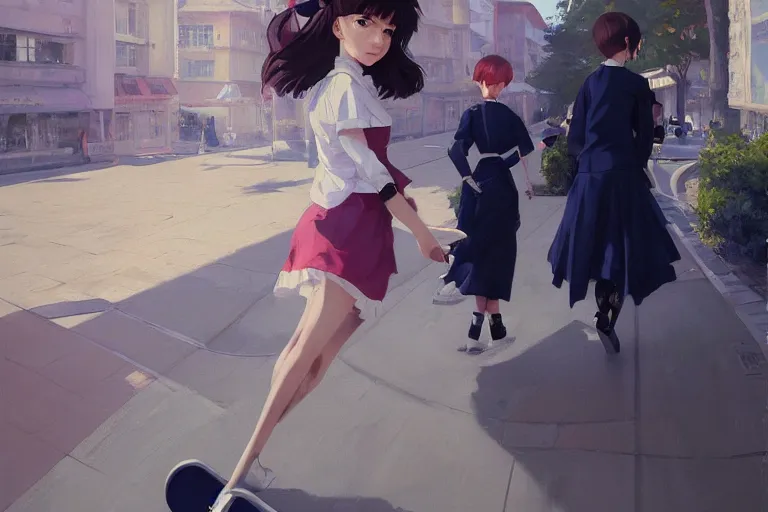 Image similar to A ultradetailed beautiful panting of a stylish woman in a maid outfit skateboarding, Oil painting, by Ilya Kuvshinov, Greg Rutkowski and Makoto Shinkai