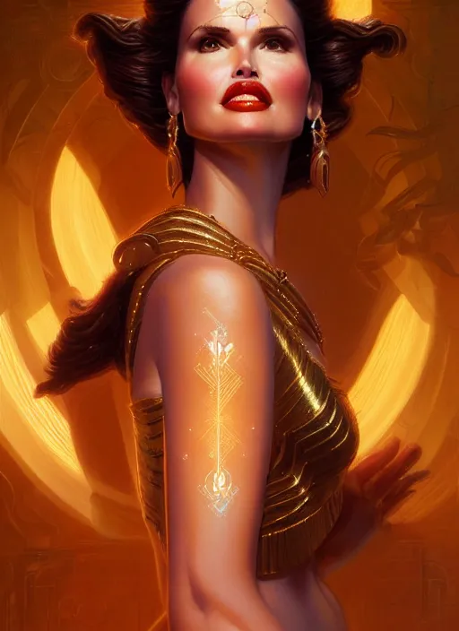 Image similar to geena davis as hera, intricate, elegant, glowing lights, highly detailed, digital painting, artstation, glamor pose, concept art, smooth, sharp focus, illustration, art by artgerm and greg rutkowski, artey freytag