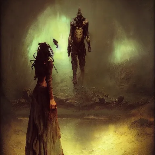 Image similar to Exterior Desert Oasis wrathful physique demonic crow wearing a man costume Jan Van eyck greg rutkowski ilya repin christophe young bastien lecouffe-deharme ismail inceoglu odd nerdrum dragan bibin john steuart curry