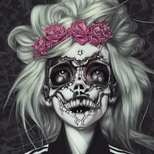Image similar to anime manga skull portrait young woman skeleton, graffiti, banksy, intricate, elegant, highly detailed, digital art, ffffound, art by JC Leyendecker and sachin teng