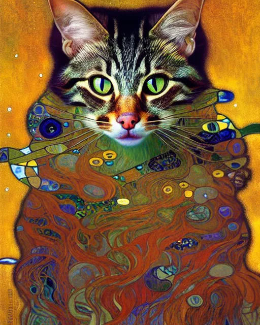 Image similar to wild forest cat portrait an oil painting splashes with many colors and shapes by gustav klimt greg rutkowski and alphonse mucha, polycount, generative art, psychedelic, fractalism, glitch art