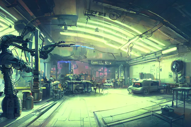 Image similar to interior shot, scifi robot repair workshop, robot skeleton, neon lights, neon lights, neon lights, neon lights, cinematic lighting, Craig Mullins, Greg Rutkowski, volumetric light, artstation, octane render, low angle camera