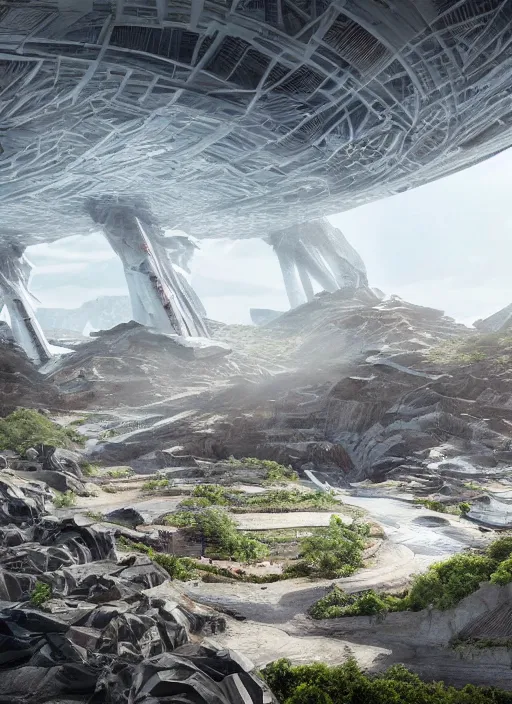 Image similar to bioremediation white mining tailing futuristic horizontal architecture in chuquicamata, epic, cinematic, hyperealistic, high detailed, corona render, hdr, ray tracing