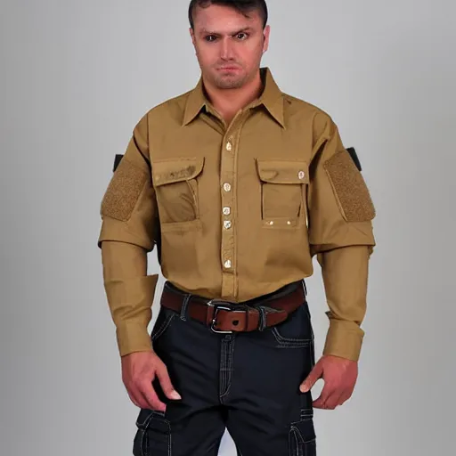 Prompt: cargo buckskin shirt covered with tactical pouches