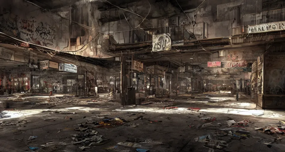 Prompt: photo realistic!! a rundown mall interior with hanging wires and graffiti, very detailed, dramatic lighting, various rubble is on the ground, slightly smokey, artstation, unreal engine